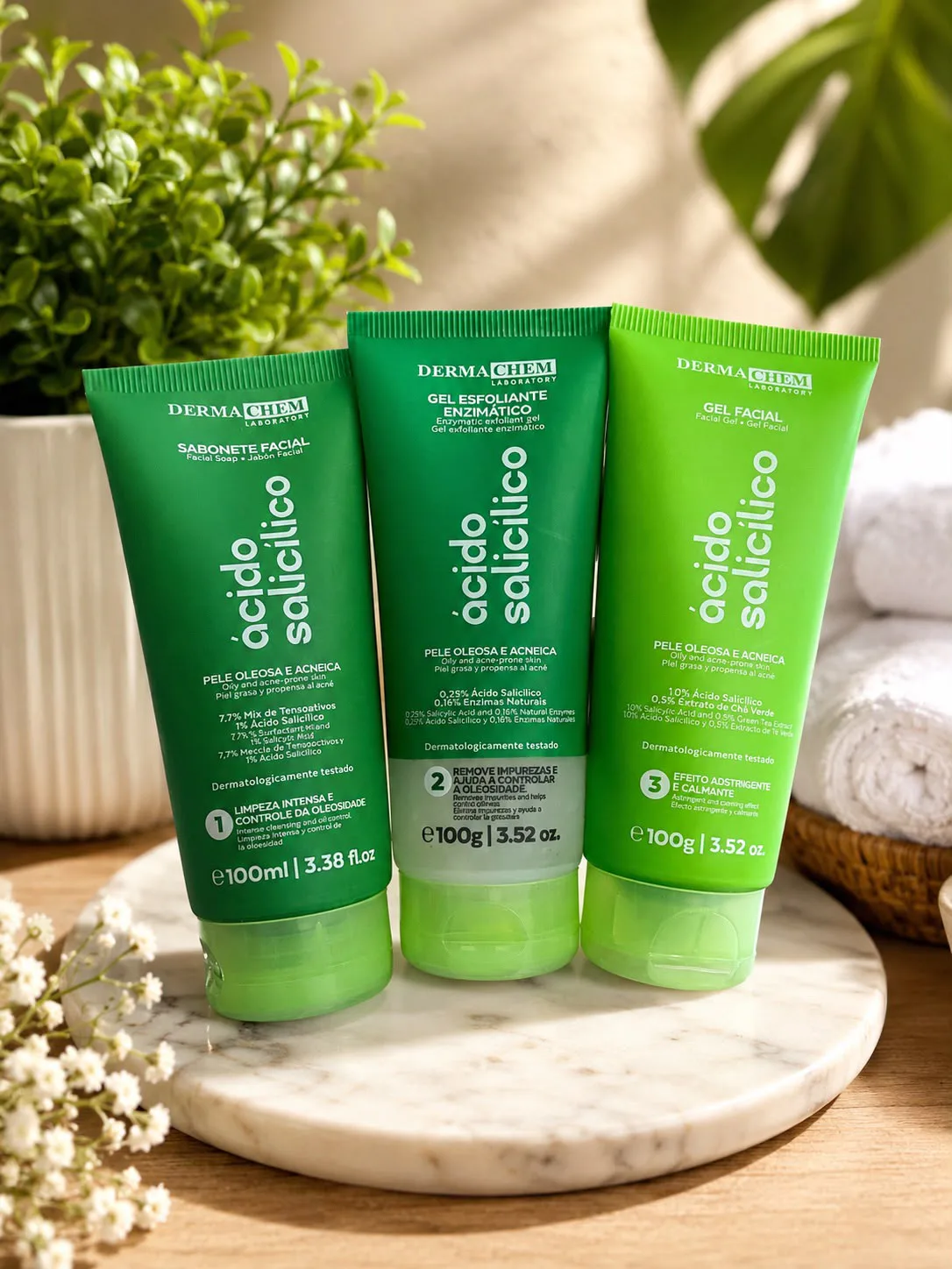 Kit Dermachem Ácido Salicílico – Sabonete Facial + Gel Esfoliante Enzimático + Gel Facial